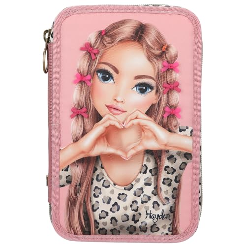 Depesche 13640 TOPModel Leoheart - Gefüllte 3-Fach Federtasche in Rosa mit Model Motiv und Schleifen Federmappe mit Buntstiften Schere Lineal UVM.