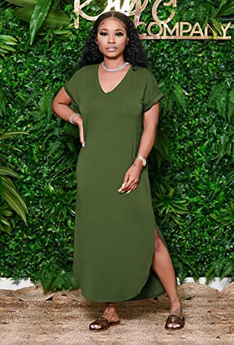 Image of Women Summer V Neck Loose Side Split Maxi Dresses with Pocket