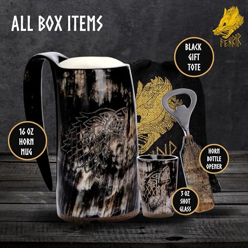 FENRIR Viking Drinking Horn Mug Set Authentic Unique Handmade Ox Horn Tankard Medieval Style Natural Beer Stein Norse Mug Gift for Men and Women Home Decor- 20 oz (Wolf Natural Finish)