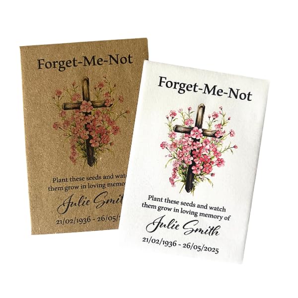 Personalised Forget Me Not Funeral Seed Packet Favours, Pink Forget Me Not Seeds Included, Memorial Funeral Favours, Pack of 10 Favours (Cross)