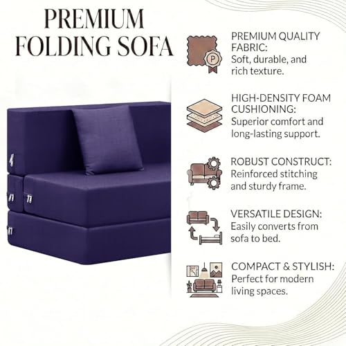 Image of Rosebell Single Seater Foldable Sofa Cum Bed (3x6 Feet) Jute Fabric, Washable Removable Cover, Includes 1 Cushion | Space Saving Convertible Sofa Bed for Home, Office & Guests - Purple
