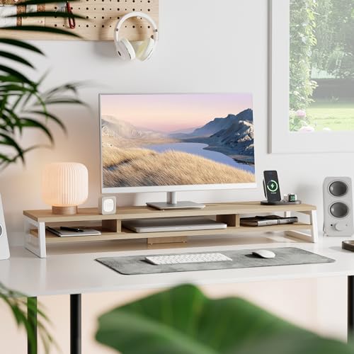 Image of Fenge Dual Monitor Stand for Desk, 42.5in Large Monitor Riser for 2 Monitors, 2 Tier Computer Office Desk Top Shelf, Desktop Storage Stand for Laptop, PC, Computer, Printer