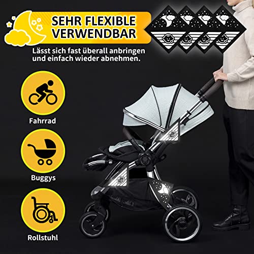 4 Stück Reflektoren für Kinderwagen Universal Sicherheits Reflektoren mit Klettverschluss,Ideal für Buggy, Fahrräde, Anhänger und mehr,Süsses Babys & Wolken Mond Sterne Motiv-Schwarz
