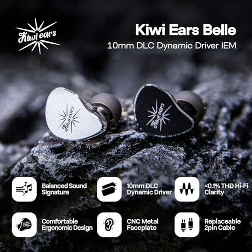 Image of Linsoul Kiwi Ears Belle 10mm DLC Dynamic Driver in-Ear Monitor, HiFi Wired Earbuds with Dual Silver-Plated Cables, Professional IEM for Stage Performance /Gaming /Music Production (with MIC, Black)