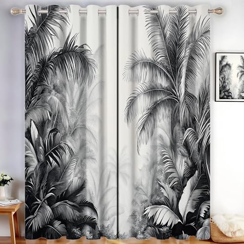 MLSOWM Cortinas Opacas Palmeras, Hojas De Plátano Cortinas Dormitorio con Ojales Térmicas Aislantes Jungla Densa Anti Luz Cortina Termica Aislantes Frio y Calor para Salon(Gris, 140An x 245Al cm)