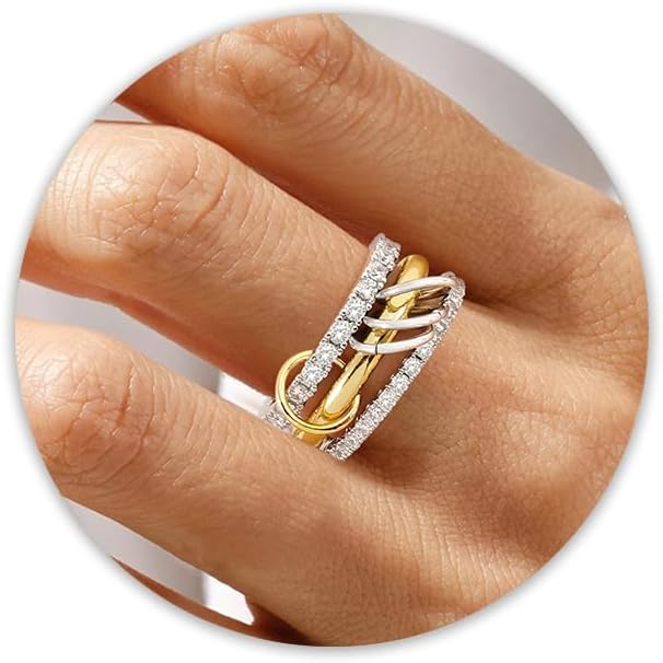 VIBILIA Gold Silver Interlocked Stackable Rings for Women Non Tarnish Dainty Ring Set Cubic Zirconia Stacking Statement Rings Two-Toned Connected Bands Jewelry Gift for Women