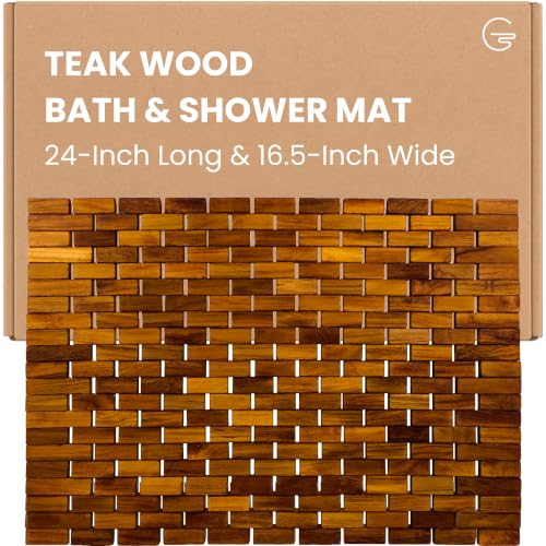 Teak Bath Mat & Shower Mat (24 x 16.5) | Wooden Flooring for Bathtub & Bathroom | Foldable & Non Slip Wood Bathmat