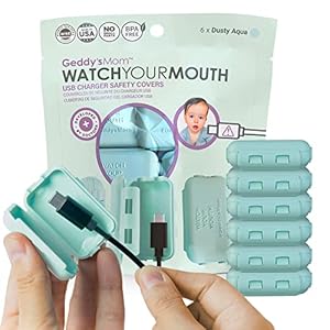 Geddy’s Mom – Watch Your Mouth – The Award Winning USB Charger Child Safety Cover – Made in The USA – Baby Proofing Toddler Shock Prevention – 6 Pack (Dusty Aqua)