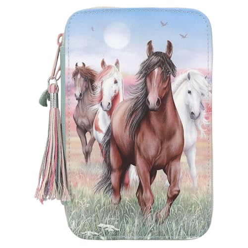 Depesche 13121 Miss Melody Hoof Clatter - Gefüllte 3-Fach Federtasche in Blassgrün, mit Pferde Motiv, Federmappe mit Buntstiften, Lineal, Schere uvm., Mehrfarbig