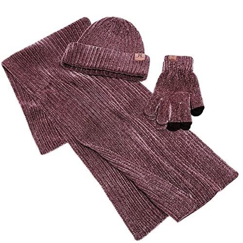 Winter 3 in 1 Scarf Hat Glove Set for Men Women Knitted Beanie Hat Jacquard Solid Color Scarf Touch Screen Gloves3