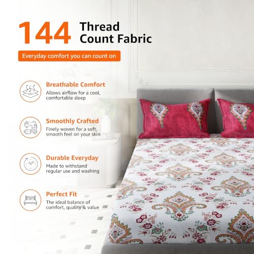 Image of Amazon Basics - 100% Cotton Flat Bedsheet | 144TC |King Bed Sheet with 2 Pillow Cover|Soft Cotton | Floral Print | 90 Inch x 108 Inch, Beige