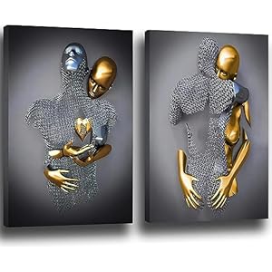 3D liefhebbers sculptuur poster metaal figuur standbeeld kunst canvas schilderij romantisch abstract poster en prints moderne woonkamer woondecoratie – zonder lijst (2 stuks – 40 x 60 cm, figuur-1)