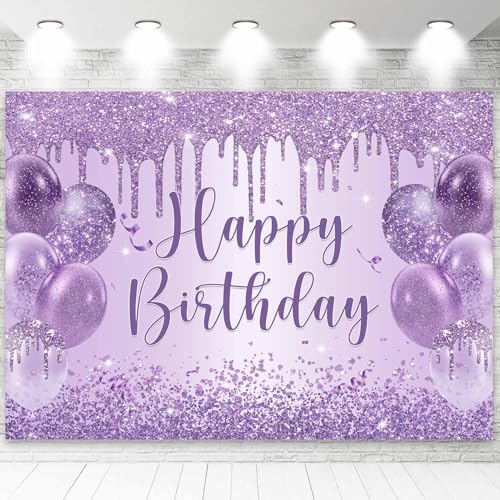 Sensfun Purple Happy Birthday Backdrop Banner Shiny Glitter Balloon Photography Background for Women Girls Sweet 16 18th 21st 30th Birthday Party Decorations Banner Photo Booth Props 6x4ft