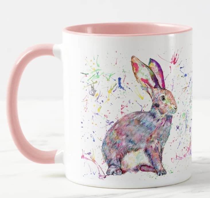 Vixar Hare Wildlife Watercolour Art Coloured Mug Cup Gift Birthday Work Office Christmas Tea Coffee H2 (Pink)