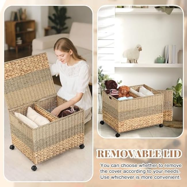 Rolling Wicker Storage Basket 23¡Á17.5¡Á16 Inch Toy Basket with Lid and Locking Wheels t for Blanket Bedroom, Laundry Room Natural