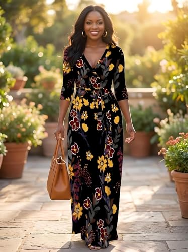 Image of PinkPatty Women's Print Maxi Dresses 3 /4 Sleeve Flowy Long Dress V Neck Wrap Tie Waist Sundress