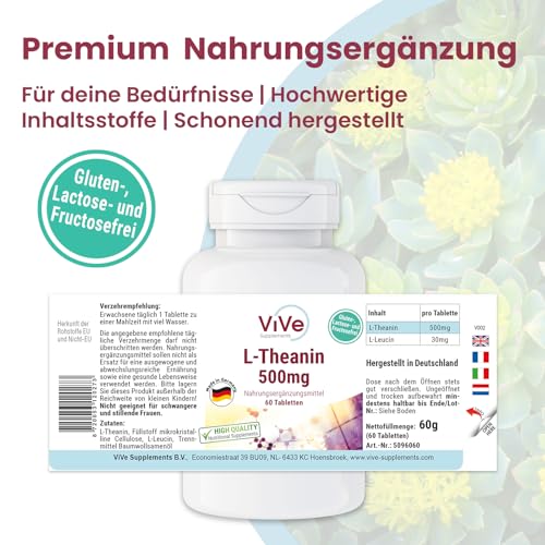L-Theanin 500mg Tabletten - 60 Tabletten - Hochdosiert - Vegan | Qualität aus Deutschland von ViVe Supplements