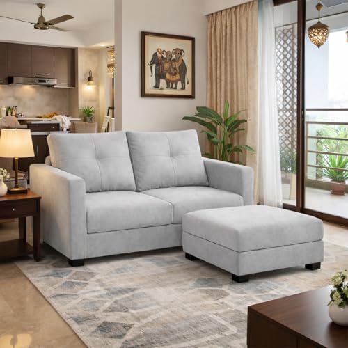 Image of FURNY Heritage 2 Seater Fabric Sofa Set with 1 Ottoman (Light Grey) with Velvet Finish | Durable Comfort | Ideal for Living Room