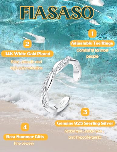 FIASASO 925 Sterling Silver Toe Rings for Women Adjustable 14K White Gold Plated Flower Cz Snake Twist Opal Band Rings Summer Beach Open Toe Rings Foot Jewelry2