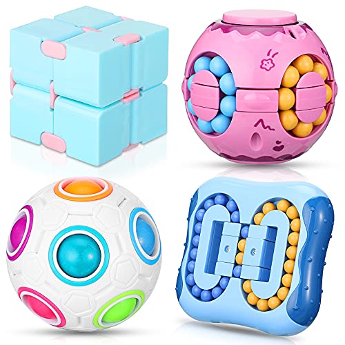 4 Pieces Fidget Cube Toy Set Includes Rotating Magic Bean Toys Rotating Small Beads Magic Rainbow Ball Infinite Cube Fingertip Sensory Fidget Cube Toy Stress Relief Toys Magic Cube Toy (Cute Color)