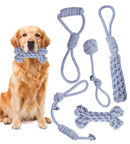 BINXWA 5 Stücke Hundespielzeug Seil Blaue Hundespielzeug Set Interaktives Kauspielzeug Hund Geeignet für Welpen Große und Mittelgroße Hunde hundespielzeug Unzerstörbar(blau)