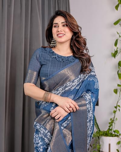 Image of ALMAARI FASHION Handloom Cotton Linen Saree for Women with Floral Printed Design and Tassel Pallu, Traditional Ethnic Lightweight Saree for Daily Office Festive with Blouse Piece