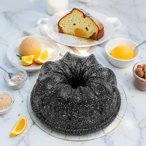 Döküm Gövdeli Taç Kek Kalıbı 23 cm, Dilimli, Siyah Granit Benekli, Dayanıklı Alüminyum Alaşım