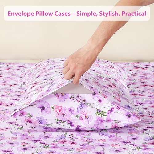 Image of Softan Purple Floral Full Sheet Set, Cozy Printed Microfiber Bed Fitted Sheets with 15 inch Deep Pocket & Non-Slip Corner Straps, Girls Lavender Blooms Flower Patterned Double Sheets & Pillowcase Set