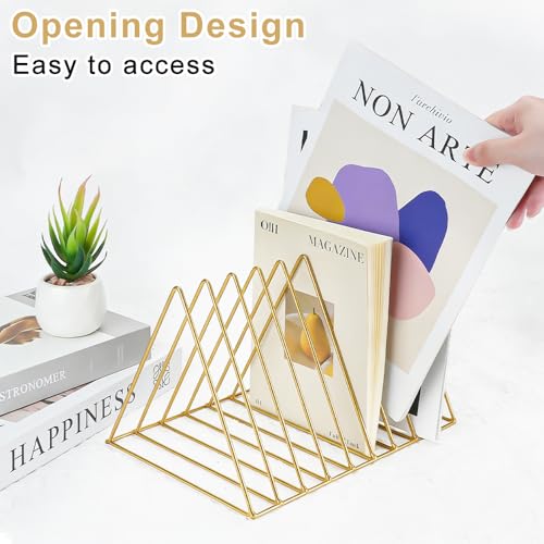 HAOTIAN-X 4 Stück Dreiecksordner, 9-fach-Magazinhalter in Gold, Metall Vinyl Schallplattenständer, Desktop File Organizer Zeitschriftenregal, Bücherregal Organizer für Büro Haus (Goldenes Dreieck)