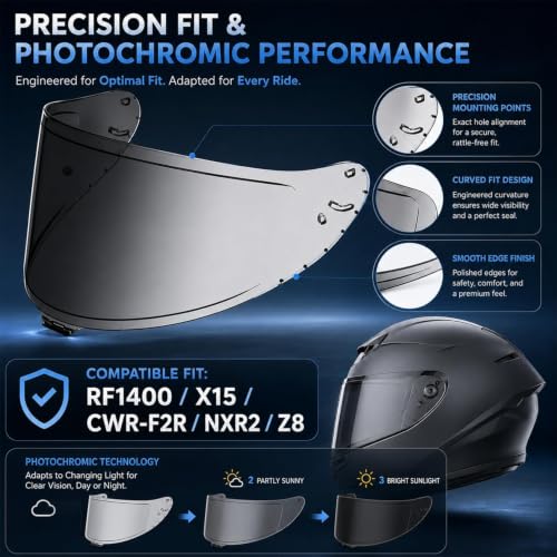 Image of PSLER Photochromic Shatterproof Helmet Visor for RF1400 X15 CWR-F2R NXR2 Z8 | Impact-Resistant ,UV400 Protection, Motorcycle Tinted Face Shield for RF1400 X15 CWR-F2R NXR2 Z8,Visor Replacement