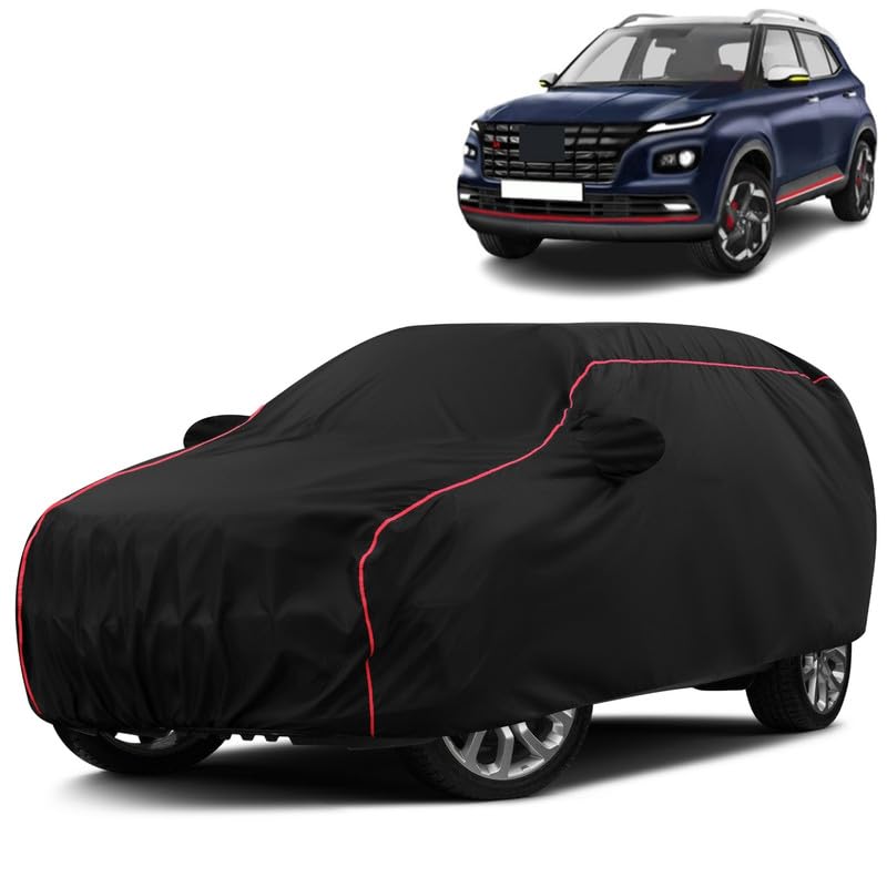 VOICO Water-Resistant Dustproof Car Cover for Hyundai Venue N Line - Mirror Pocket, UV Protection, Scratch Guard, Buckle Belt, Front & Back Bottom Elastic with Red Piping - Black-image-12