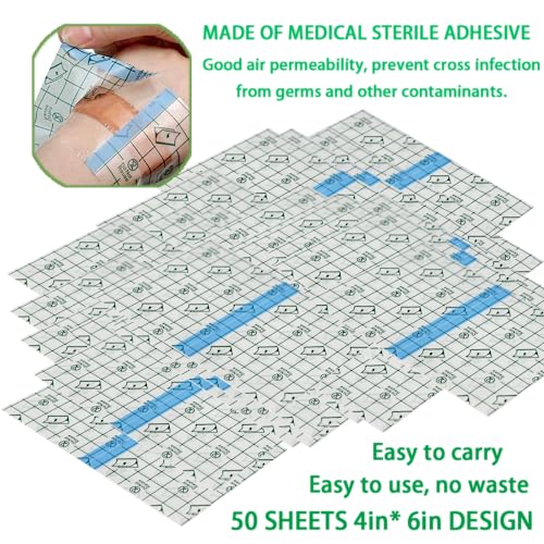 Image of 50 Pieces 4 x 6 in Stretch Waterproof Adhesive Bandages Transparent Film for Tattoo Aftercare and Skin Repair Adhesive Tattoo Supply Wrap