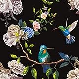 Skyblur Removable Dark Floral Bird Wallpaper Peel and Stick Vintage Wallpaper Roses Birds Black Wall Paper 17.5'x118' Floral Contact Paper for Bedroom Walls Cabinets Dresser Drawer Vinyl Decorative