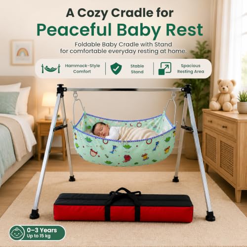 Image of Baby Cradle for New Born with Stand | Semi Foldable Jhula Palna Ghodiyu for 0-3 Years | Portable Baby Swing Cradle with Mosquito Net & Storage Bag for Home & Travel Use