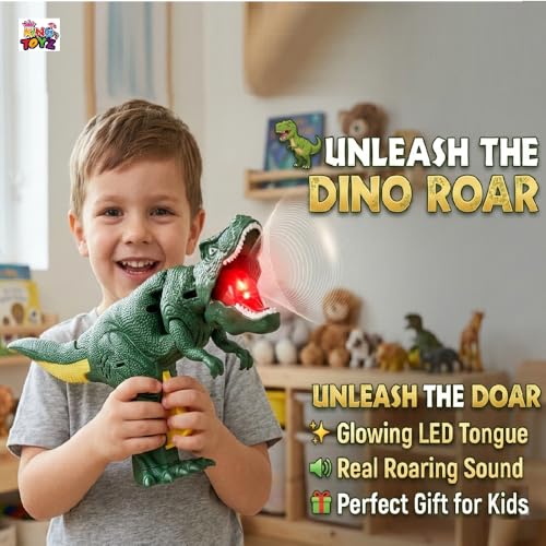 Image of Roaring Dinosaur Toy with Light and Sound T Rex LED Glow Interactive Dino Easy Grip Handheld Design Fun Educational Toy for Kids Boys and Girls Age 3 Plus Birthday Gift Green
