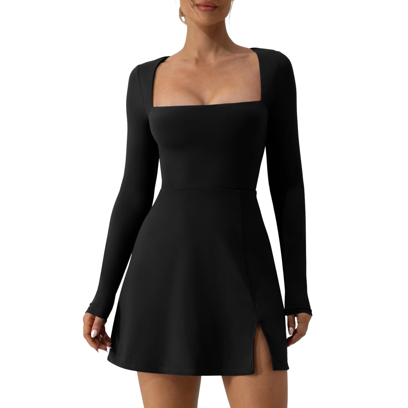 Womens Square Neck Bodice Dress Long Sleeve Side Slit A-Line Flare Mini Dresses Cocktail Party Club Dress