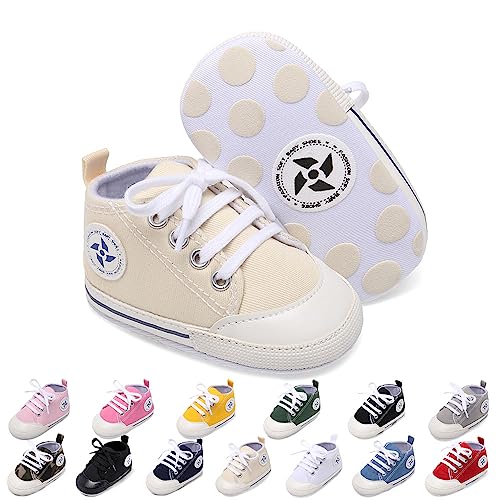 Baby Boys Girls Star High Top Sneaker Soft Anti-Slip Sole Newborn Infant First Walkers Canvas Denim Shoes (11cm, A-Beige, 0_Months)