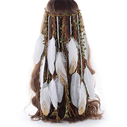 Fashband Feather Hippie Headband Festival Hair Piece Boho Imitation Vine Headwear White Feather Tribal Headpiece Indian Hair Accessories for Women and Girls