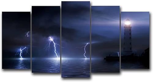 hgsschrek Lienzo decorativo para pared, diseño de faro, tormenta, agua de mar, estirado y enmarcado, 5 piezas, póster, decoración del hogar para