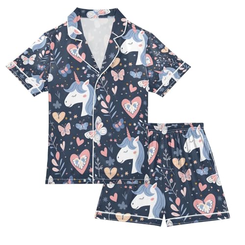 senya Unicorn Heads Hearts D Satin Summer Pajama Sets Silk Short Sleeve Button Down Sleepwear