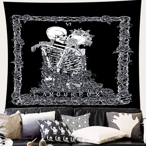 Tomuku Tapiz Pared Calavera, Tapices Negros para Colgar en la Pared, Tapiz de Esqueleto Humano, Tapestry Hippie para Dormitorio, Decoración del Hogar, Arte de Pared Cover