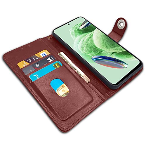 Image of Pikkme Poco X5 5G / Redmi Note 12 5G Flip Cover Leather Finish | Inside TPU with Card Pockets | Wallet Stand and Shock Proof | Complete Protection Button Flip Case (Brown)