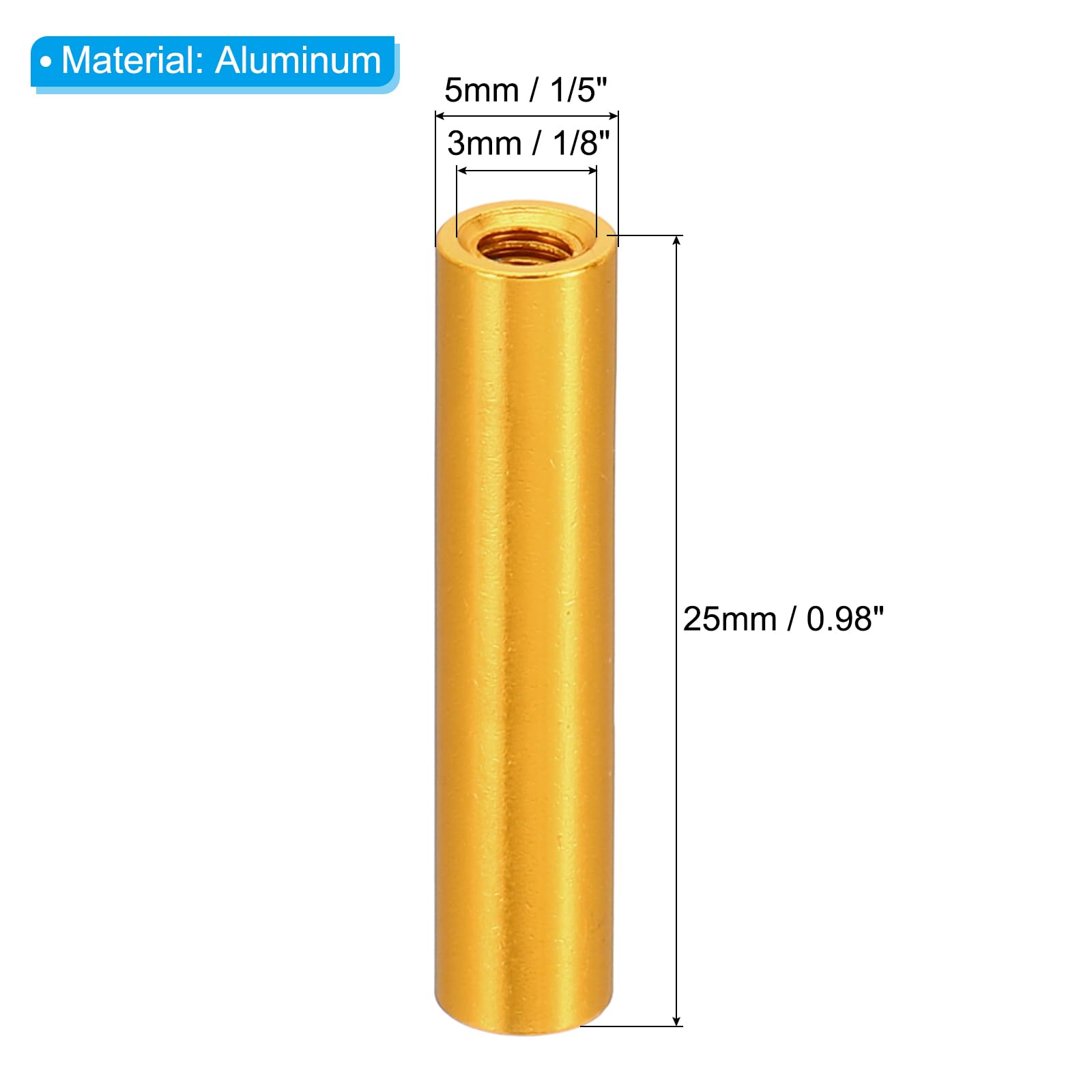 PATIKIL 12pcs M3 Metal Threaded Standoff Spacer Nuts, Round Aluminum Spacers Female Coupling Screws, 1/8" ID x 3/16" OD, Gold 3x5x25mm - Image 2