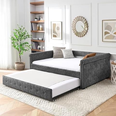 Antetek Daybed with Trundle, Grey, Full Cover