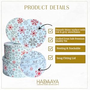 Round snowflake christmas tin setstackable holiday storage containers with red and silver snowflake design perfect for cookies candy and gifts decorative winter gift boxes set of 3  urban country home decor