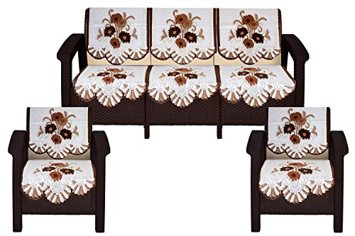 Image of The Furnishing Tree Cotton Floral Knitted Pattern 10 Pieces 5 Seater Sofa Cover Set Coffee