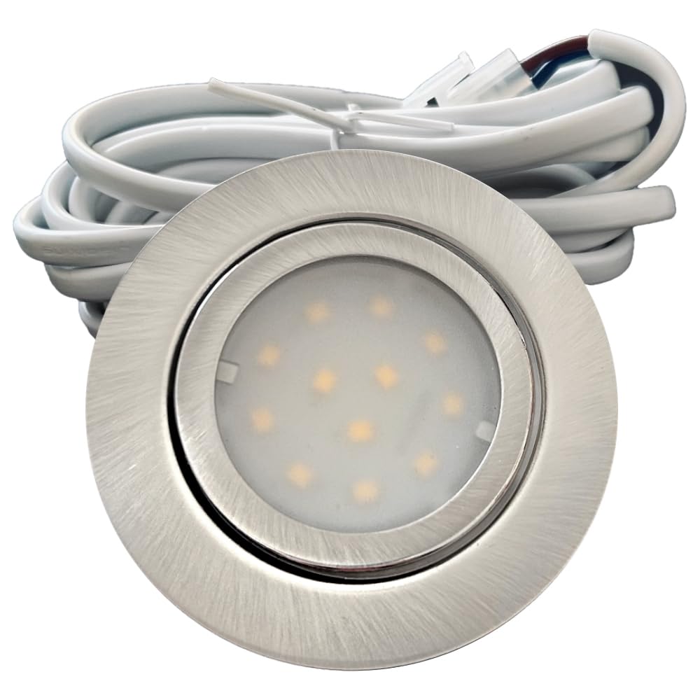 5er Set IP44 LED Einbauspots 12V, flach (22mm), 2,4W, 200lm, Edelstahl-Optik, mit Trafo, Verteiler, 230V-Kabel, Schnurschalter, Weiß (4000K), Ø=72mm, Loch 54-60mm. Ideal für Bad, Küche, Möbel usw.