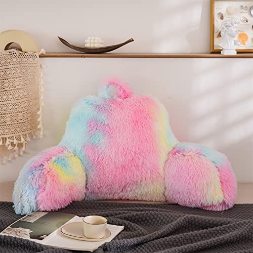 A Nice Night Faux Fur Reading Pillow Bed Wedge Large Adult Children Backrest with Arms Back Support for Sitting Up in Bed/Couch for Bedrest,YellowPink