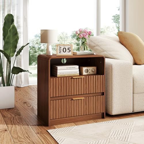 Limirix Fluted Nightstand, Bedside Table with Charging Station, Wooden End