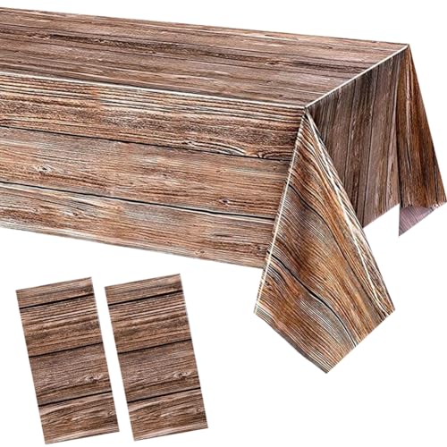 Image of 2 Pack Plastic Tablecloths Plastic Table Covers Disposable Table Cloths BBQ Picnic Birthday Wedding Party Waterproof Tablecloth Wood Grain TableCovers 54 x 108 in